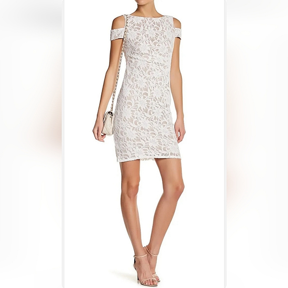 Eliza J Ivory Floral Lace Overlay Cold Shoulder Ruched Dress SIZE: 2